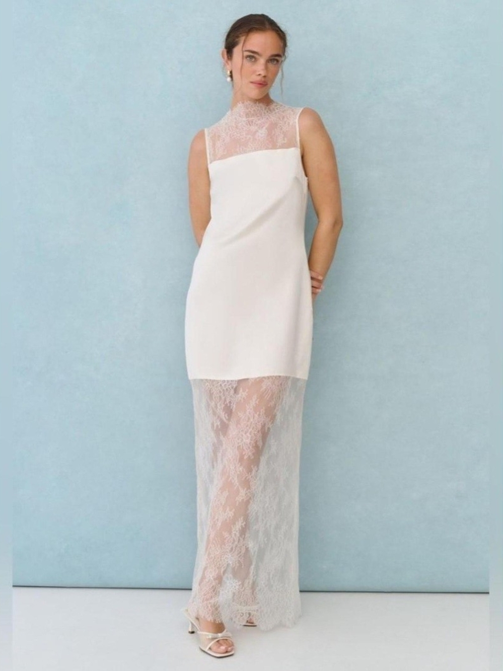 Few Moda X Little White Looks Sheer Lace High-Neck Maxi Dress in Ivory
